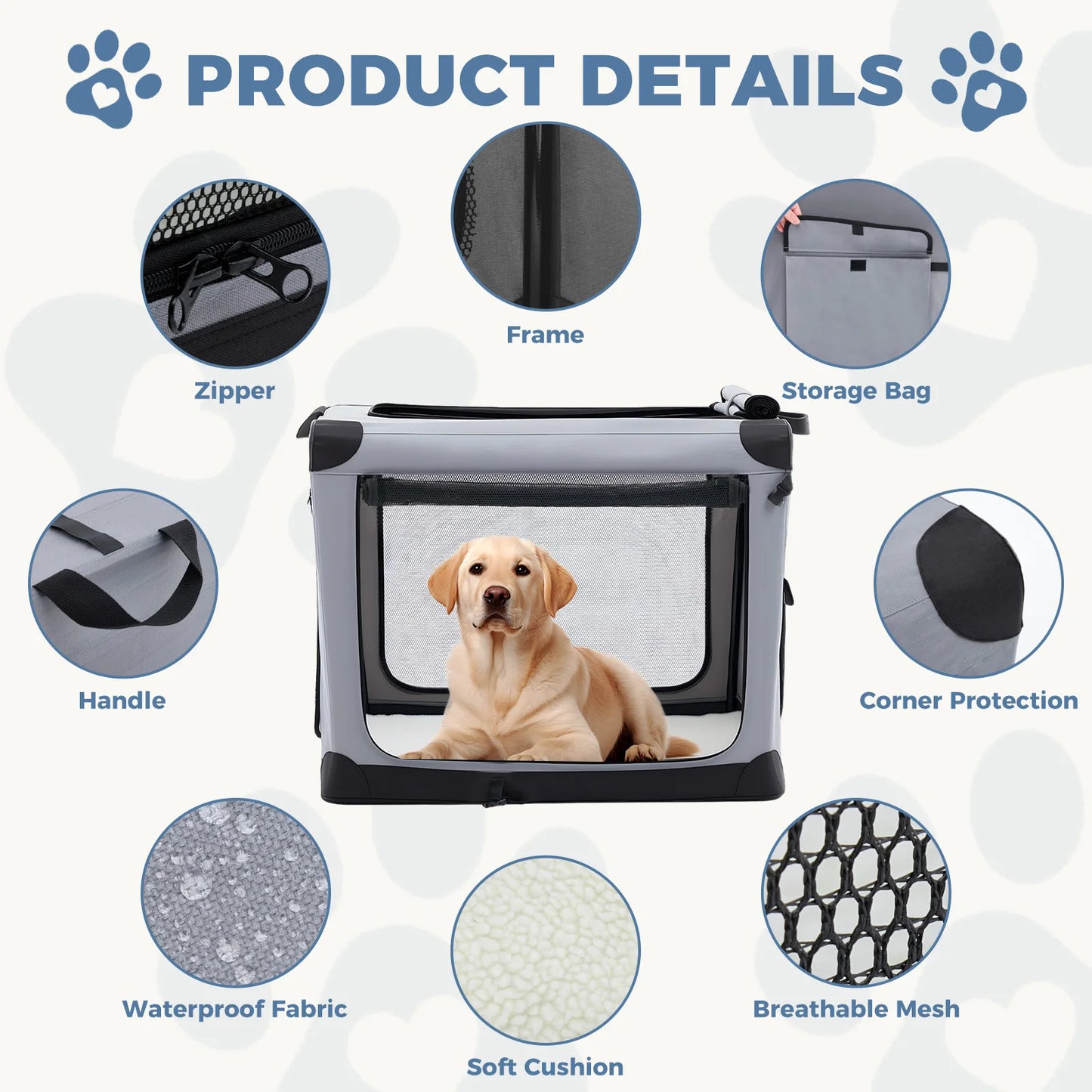 600D Oxford Fabric Foldable Soft Dog Crate Portable Pet Kennel with 3 Doors Use for Small to Extra Large Dogs Indoor