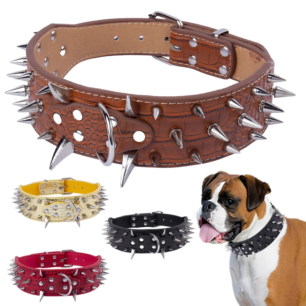 Width 2 Inch Anti-bite Spiked Dog Collars Adjustable PU Leather Necklace Heavy Duty Sharp Rivets Pet Collar Outdoor Dog Walking
