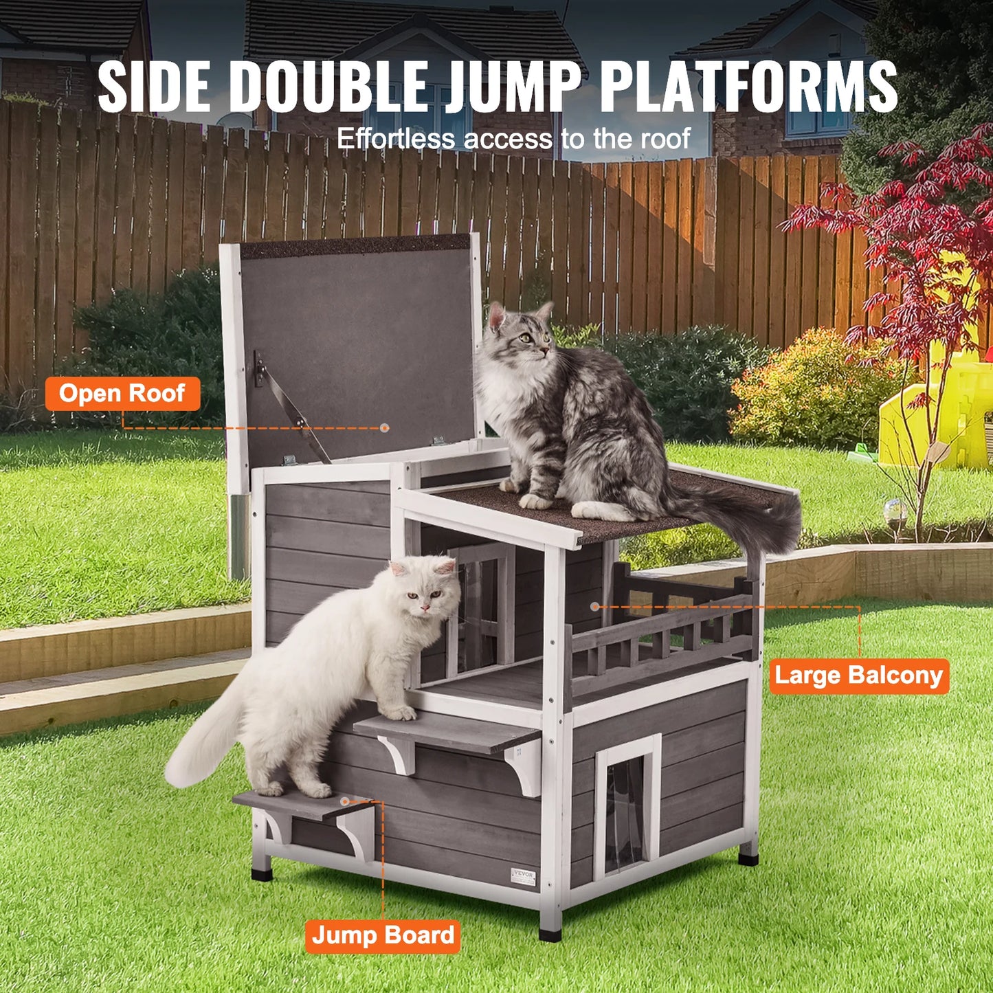 SucceBuy Outdoor Cat House Weatherproof  2-story Large Outdoor Wooden Cat House with Balcony Door and Open Roof Feral Cat Shelter