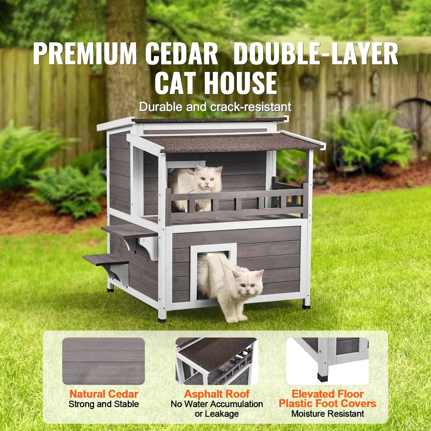 SucceBuy Outdoor Cat House Weatherproof  2-story Large Outdoor Wooden Cat House with Balcony Door and Open Roof Feral Cat Shelter