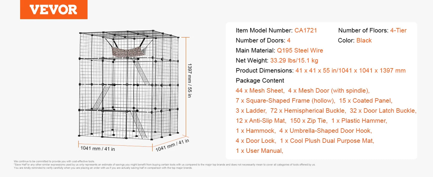 SucceBuy Large Cat Cage Detachable Metal Wire Cat Enclosure with Front Doors Hammock Ramp ladders Crate Exercise Place for Cat