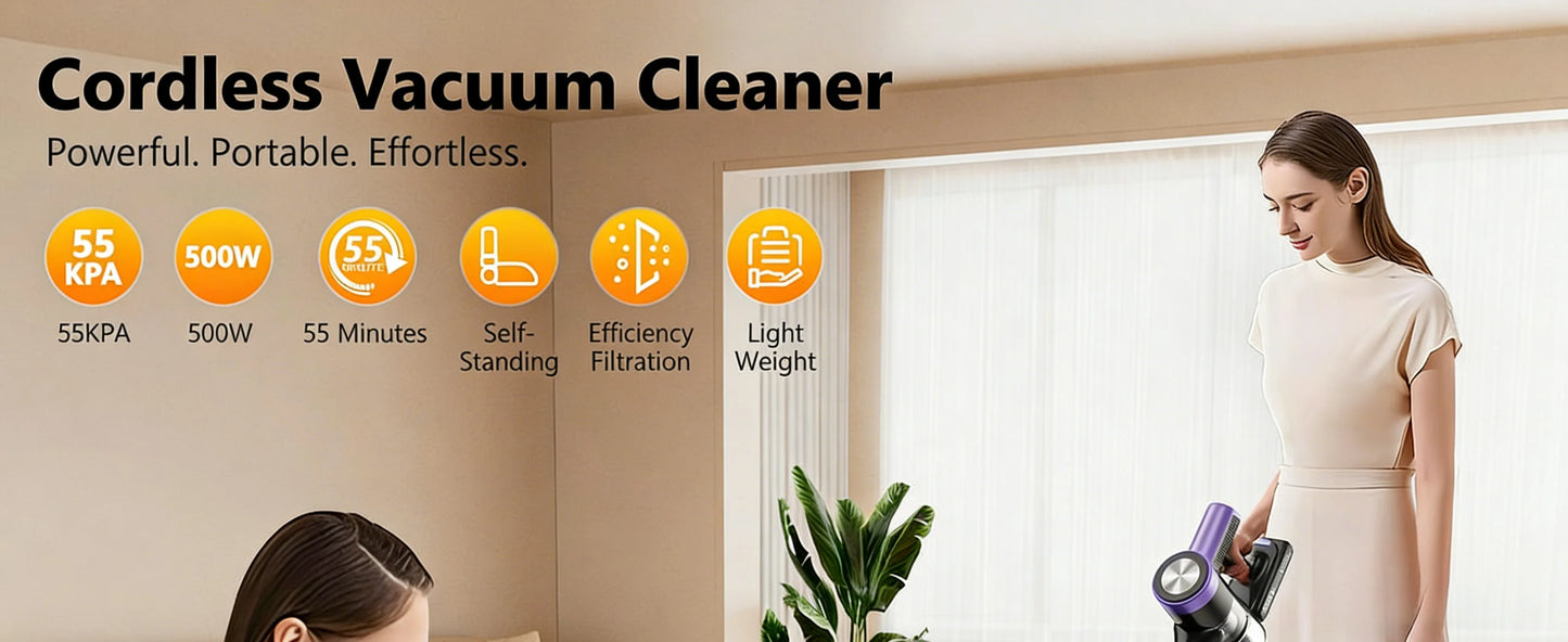 500W/55KPA Self-Standing Cordless Vacuum Cleaner,60 Mins Handheld Vacuum Cleaners,Smart LED Screen Vacuum for Carpet/Pet Hair