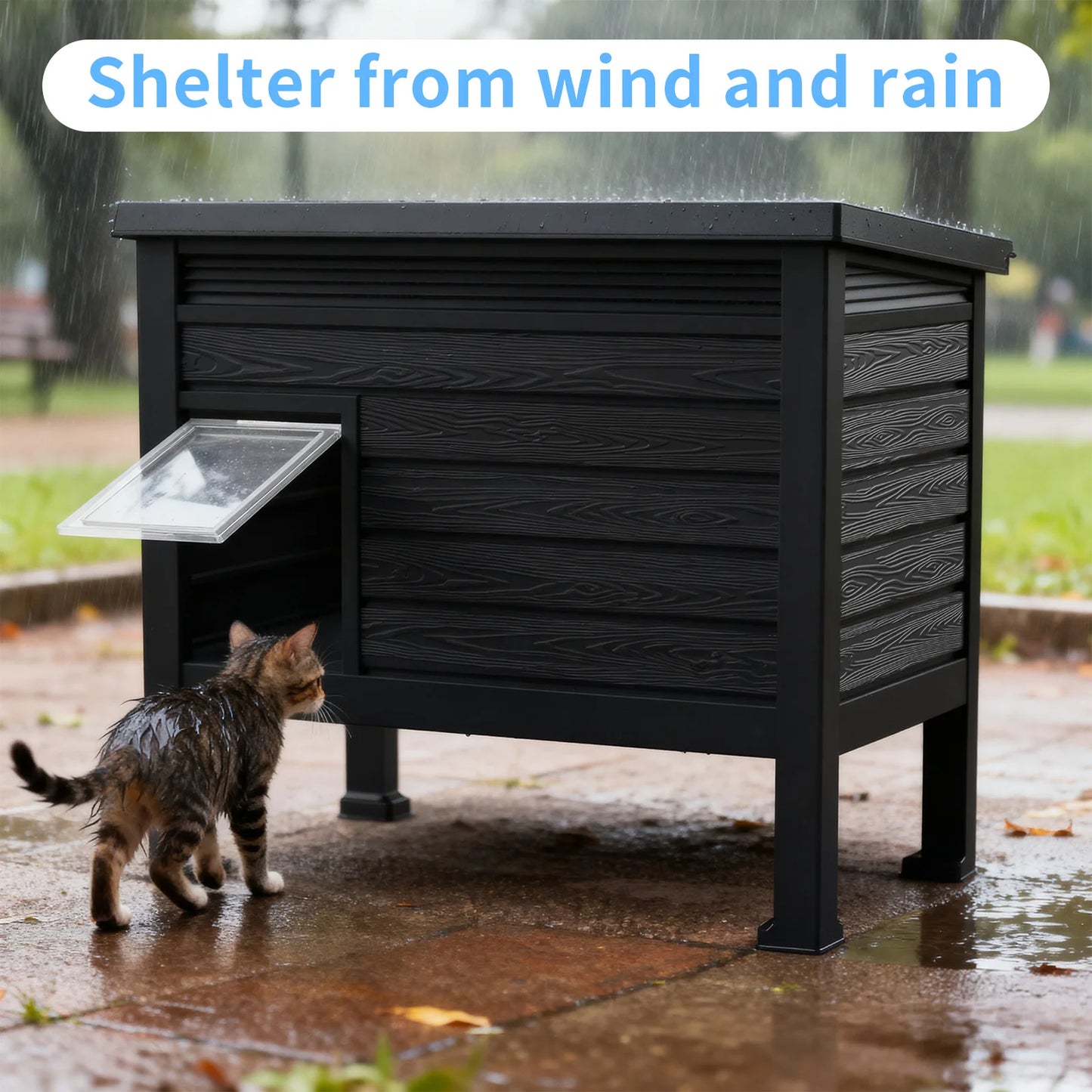 Indoor Outdoor Plastic Cat House with Heating Pad, Weatherproof Elevated Cat Shelter ,Dual Use Indoor Outdoor Cat Cabin for Cold Weather
