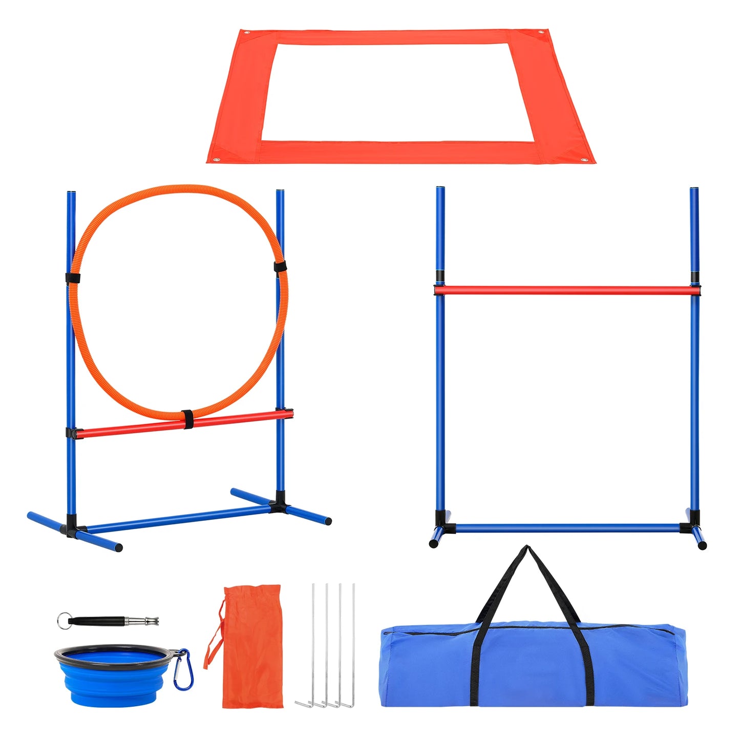 Dog Agility Training Equipment 4 PCS Set with Adjustable High Hurdles 6 Weave PolesJump Ring Square Pause Box Whistle