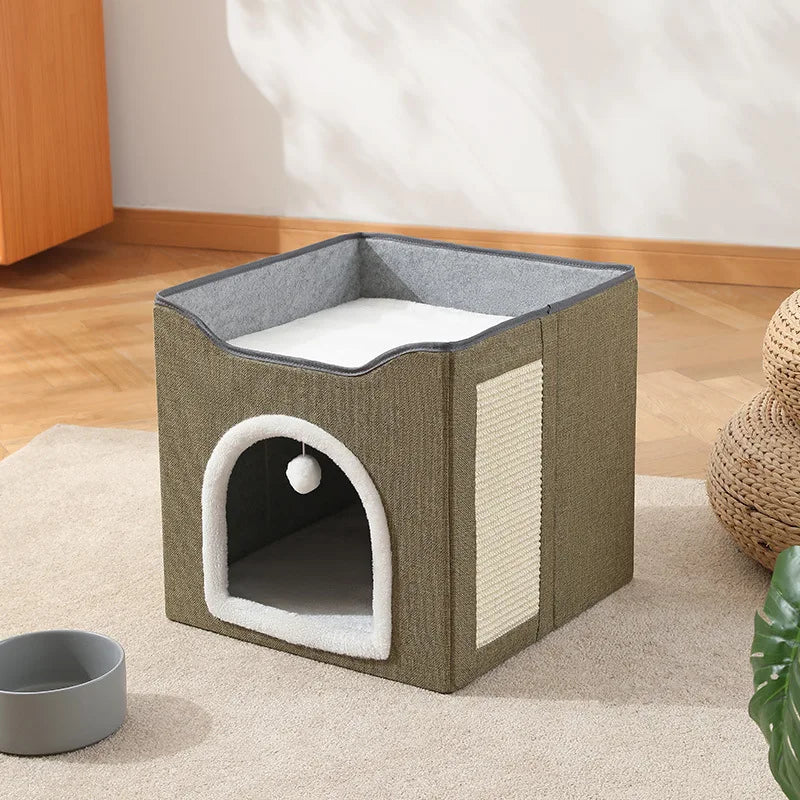 Semi-Enclosed Foldable Double-Door Triple-Layer Cat House with Multi-Functional Double-Sided Scratching Board for Cats