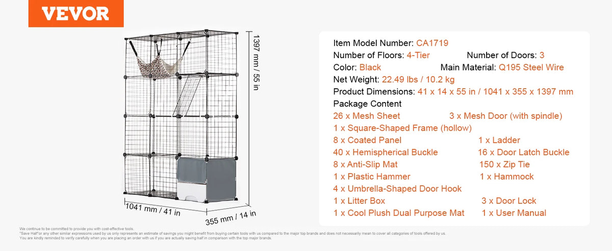 Large Cat Cage Detachable Metal Wire Cat Enclosure with Front Doors Hammock Ramp ladders Crate Exercise Place for Cat