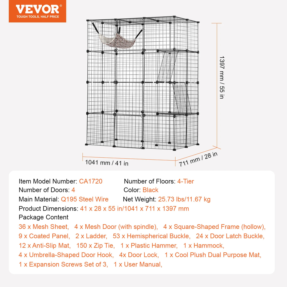 Large Cat Cage Detachable Metal Wire Cat Enclosure with Front Doors Hammock Ramp ladders Crate Exercise Place for Cat