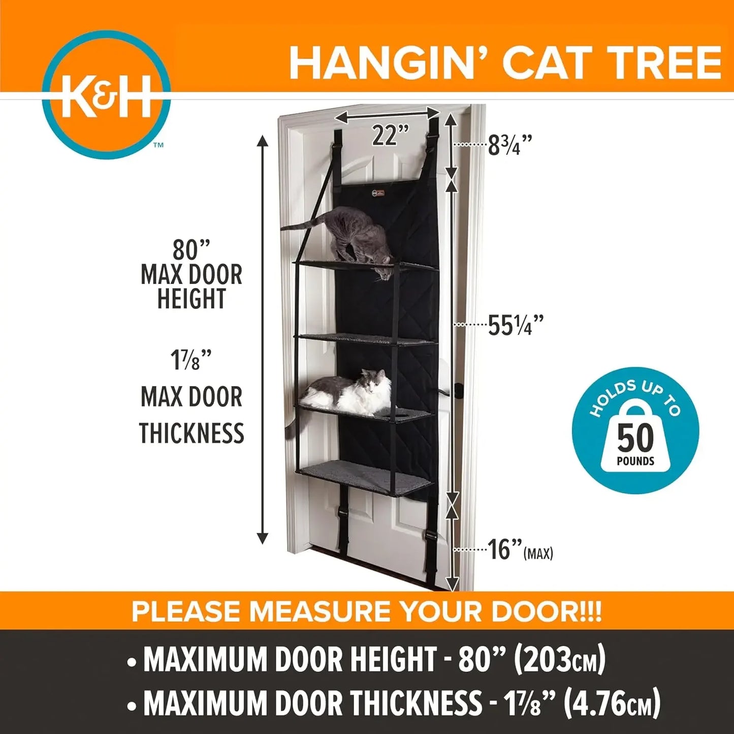 Space-Saving Door-Mounted Cat Tree with Multi-Level Hammock Beds, Tool-Free Assembly, Fits Doors Up to 80in
