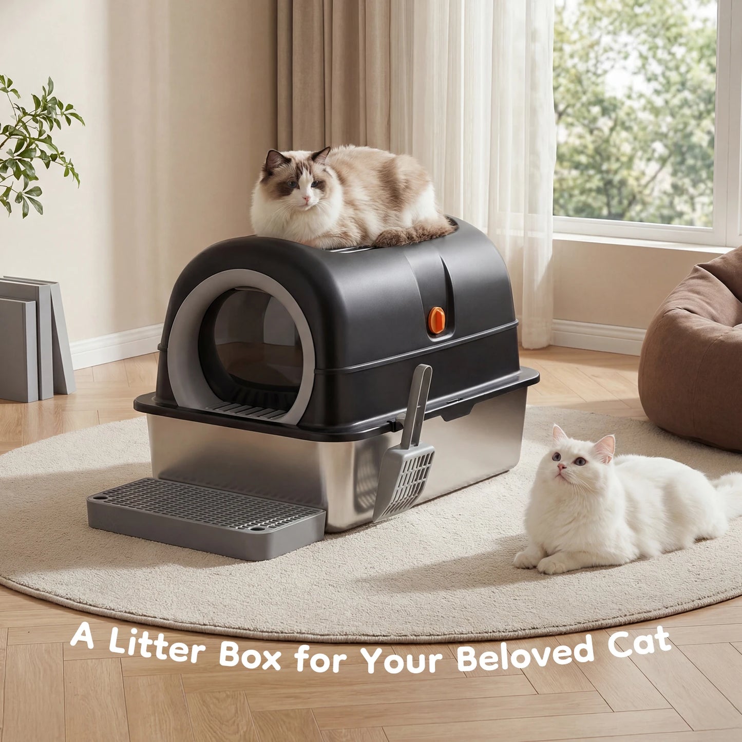 24IN Stainless Steel Cat Litter Box with Fully Enclosed 30L Large Cat Litter Box for Big Cats Cat Box Scoop and Mat Included