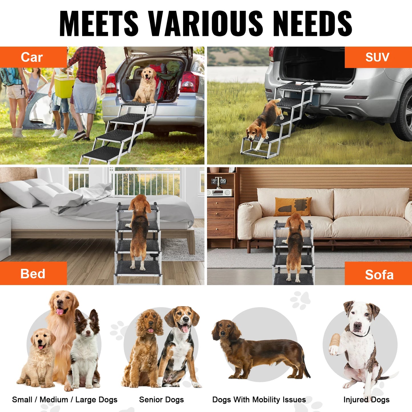 Dog/Cat Stair for Cars Wide Dog Car Steps Folding Portable Pet Steps Lightweight Aluminum for Car SUV and Truck 150 lbs