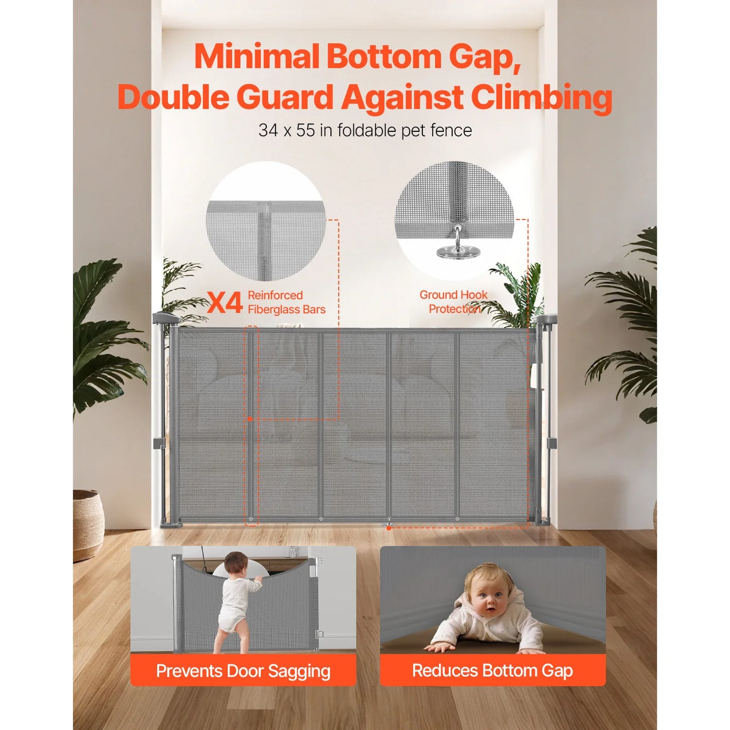 55/71/110in Retractable Baby Gate 34in Tall Extends Wide Retractable Gate for Kids Pets Mesh Material Easy to Install