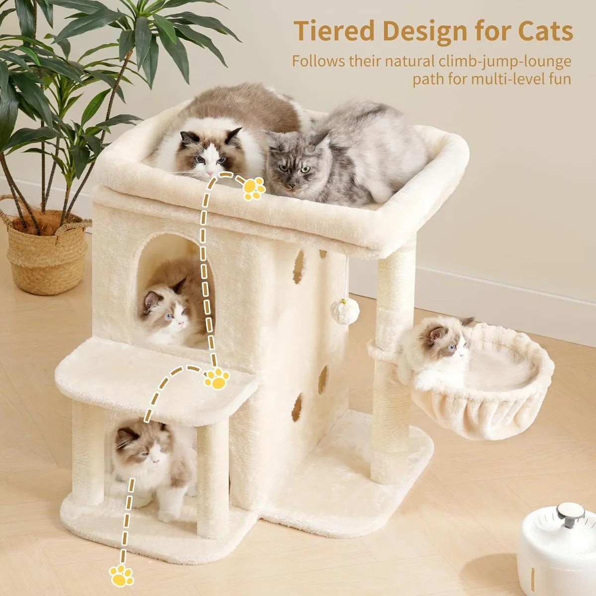 25.6 inch tall cat tower with large perch dual condos sisal posts cozy basket and dangling toy for big cats
