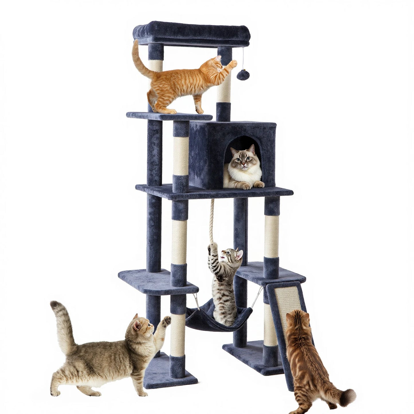 63In Cat Tree Tall Multi-Cat Climbing Tower for Pet Furniture Natural Sisal Scratching Posts Stable Pet House for Indoor Cat
