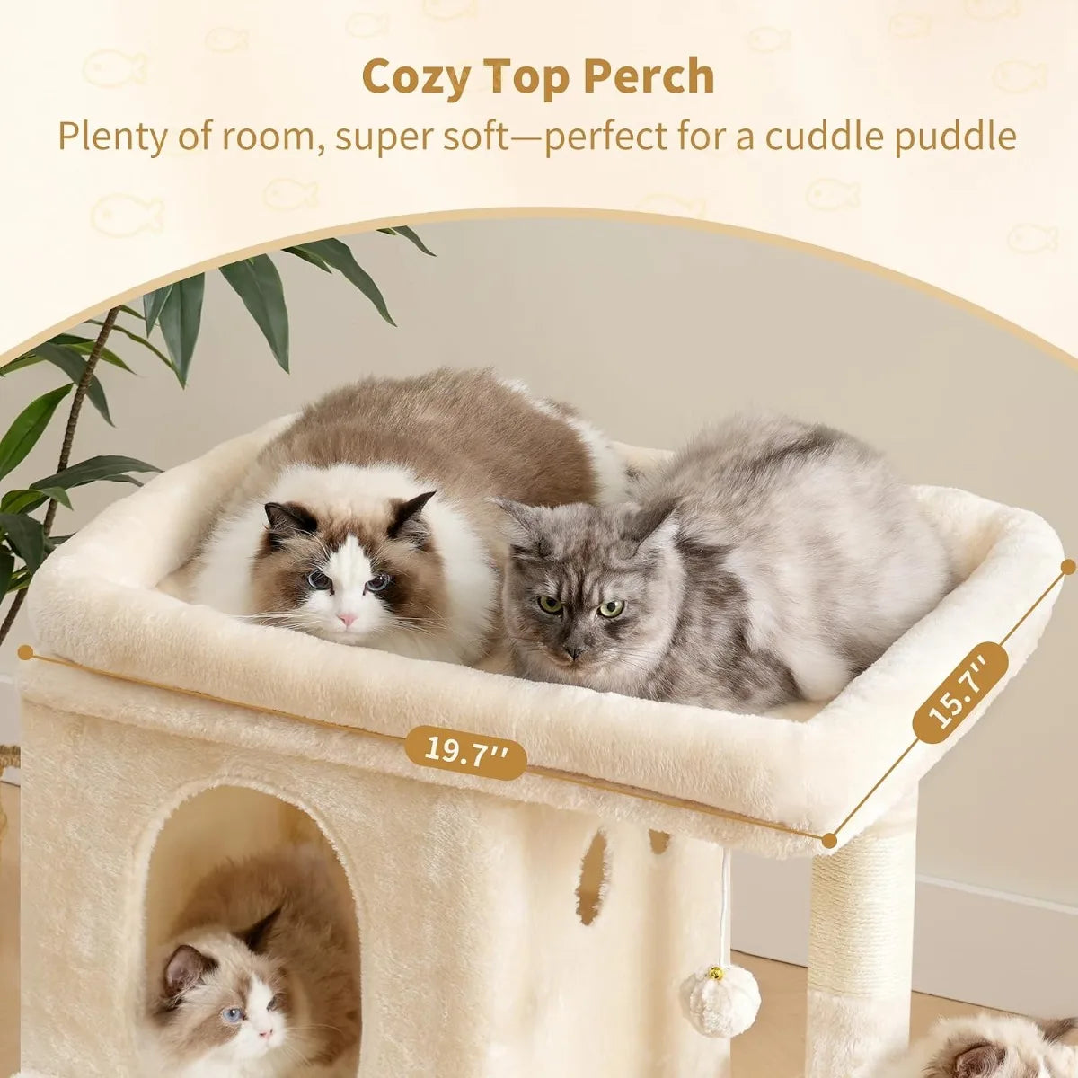 25.6 inch tall cat tower with large perch dual condos sisal posts cozy basket and dangling toy for big cats