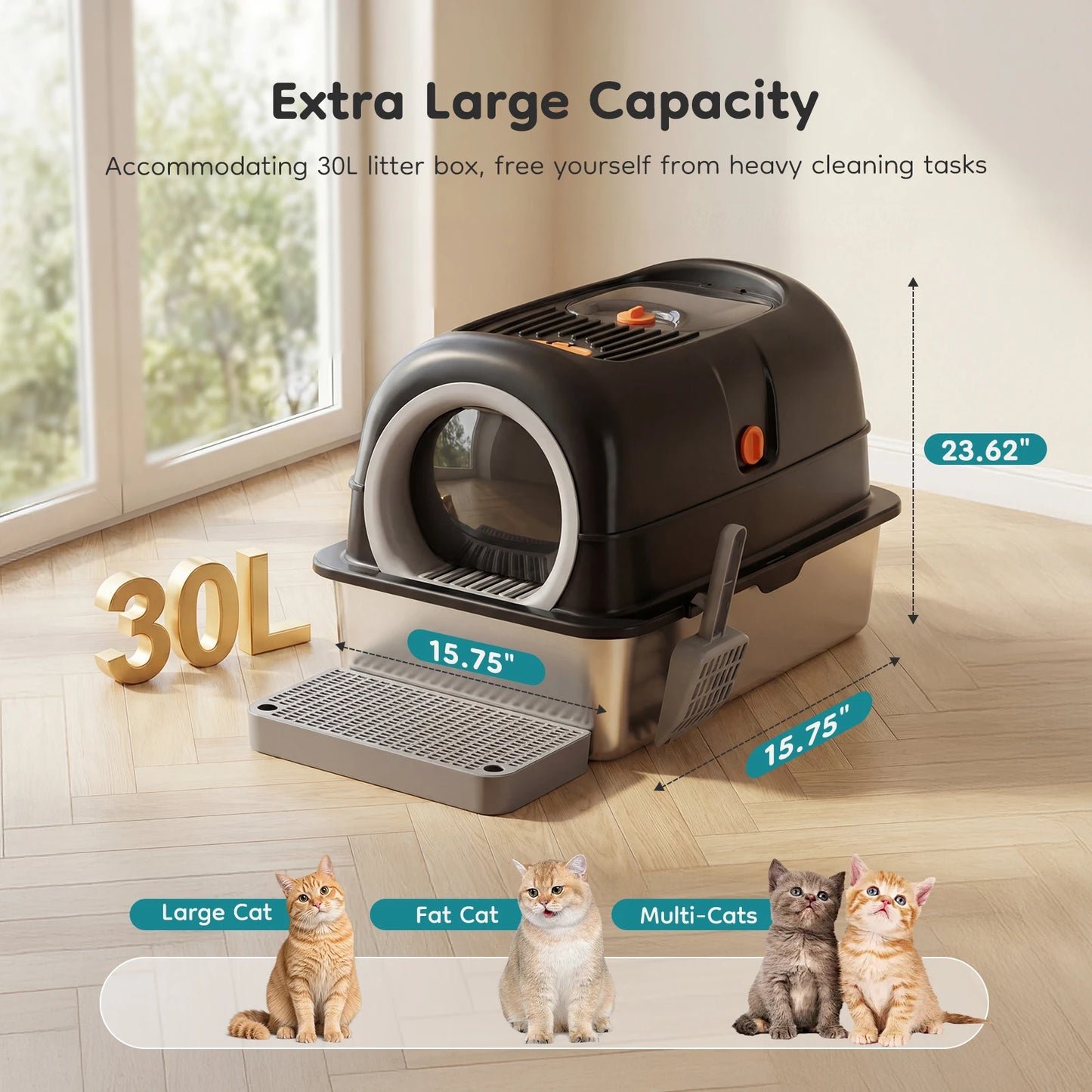 24IN Stainless Steel Cat Litter Box with Fully Enclosed 30L Large Cat Litter Box for Big Cats Cat Box Scoop and Mat Included