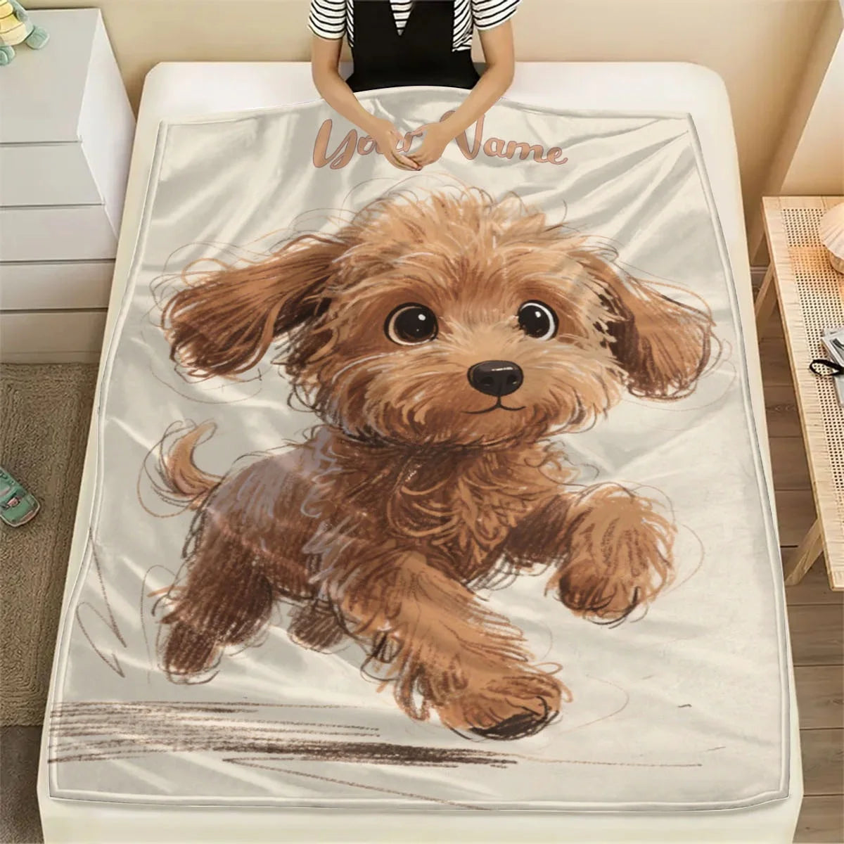 Custom Name with Playful Puppy Pattern Blanket, Adorable Brown Curly Haired Dog Design, Perfect Birthday Gift for Dog Lovers