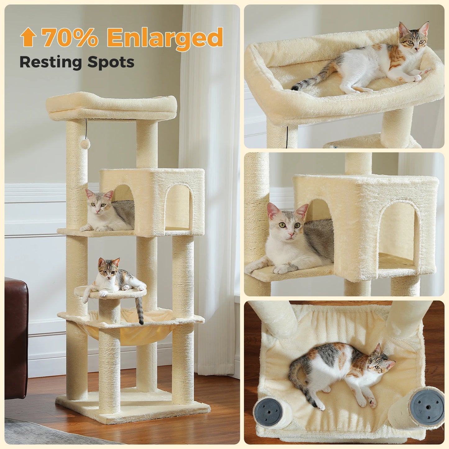 Large Cat Tree with Thick Scratching Posts Large Condo Hammock Heavy Duty Cat Tower for Big Adult Cats Plush Cat Furniture Toys