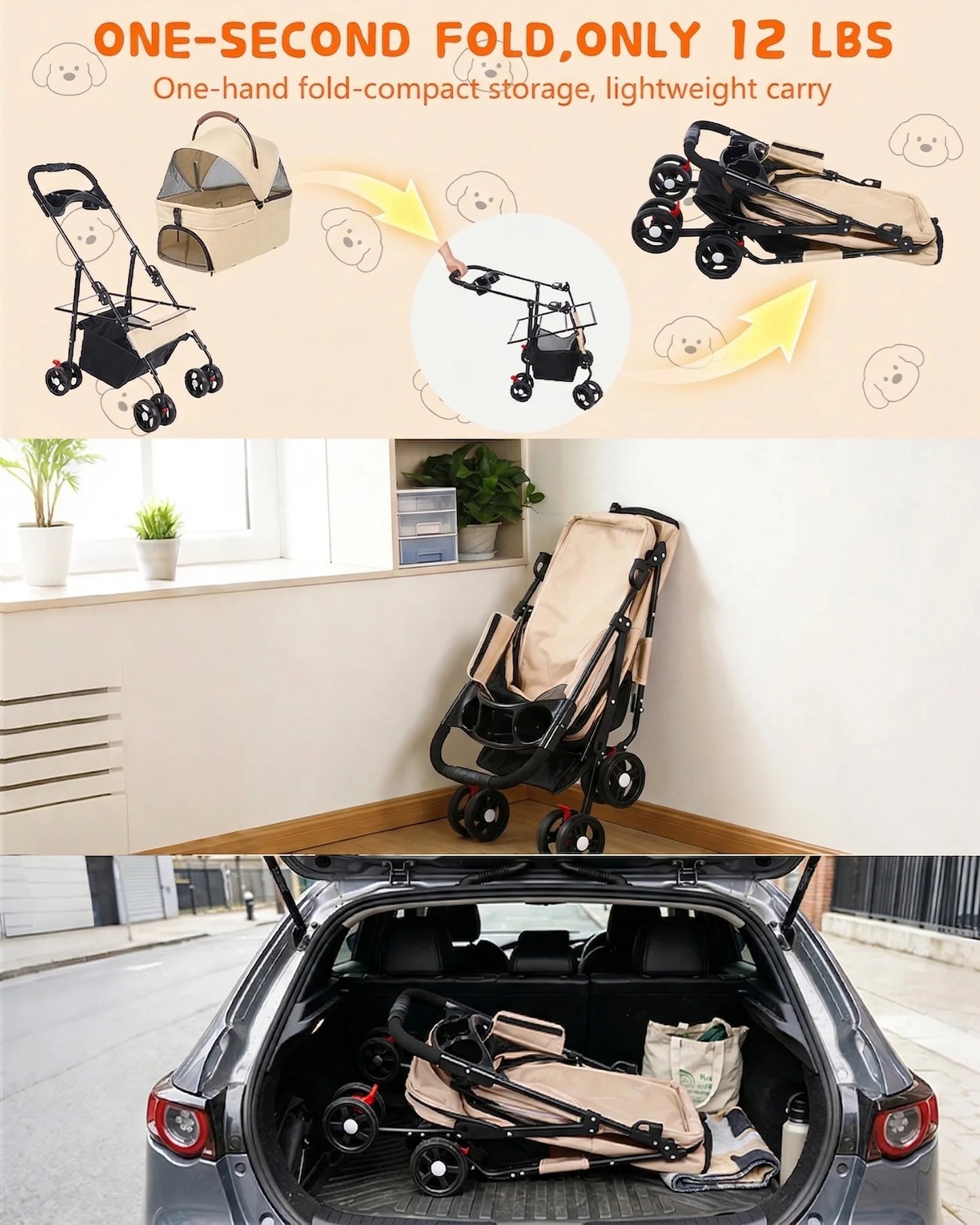 2-in-1Pet Stroller for Small Dogs Cats Foldable Lightweight 4 Wheel Dog Stroller with Removable Carrier Travel Portable Pet Cart