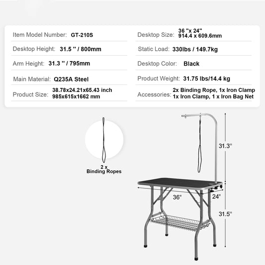 Pet Grooming Table Two Arms w/ Clamp Dog Grooming Station Foldable Pets Stand for Medium Small Dogs with Grooming Loop