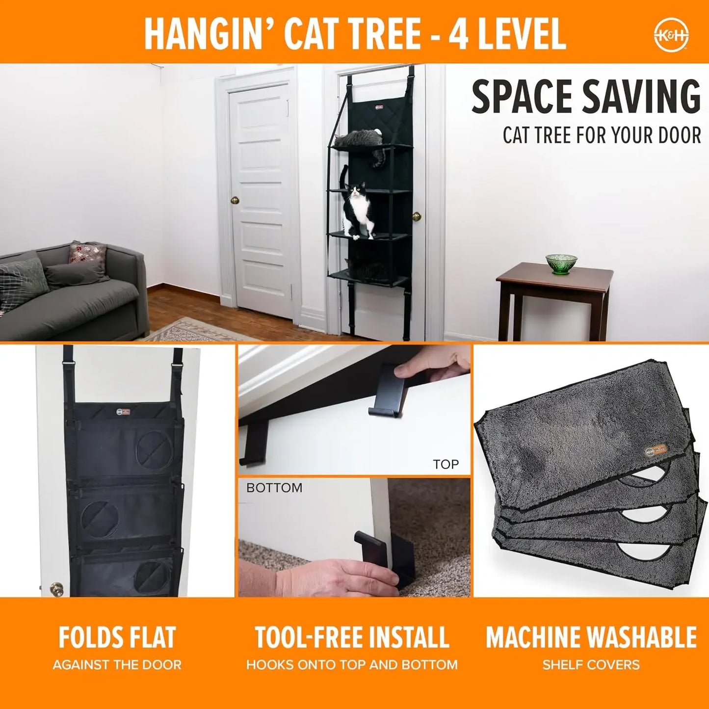 Space-Saving Door-Mounted Cat Tree with Multi-Level Hammock Beds, Tool-Free Assembly, Fits Doors Up to 80in
