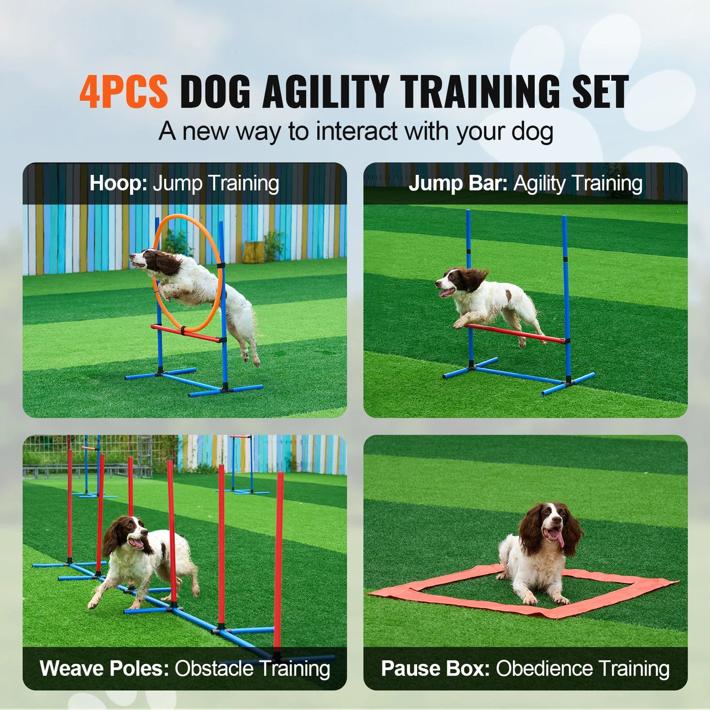 Dog Agility Training Equipment 4 PCS Set with Adjustable High Hurdles 6 Weave PolesJump Ring Square Pause Box Whistle