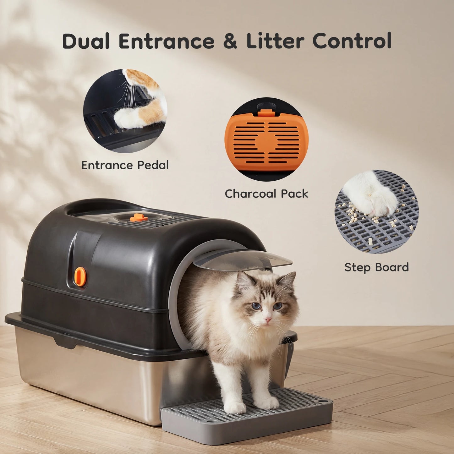 24IN Stainless Steel Cat Litter Box with Fully Enclosed 30L Large Cat Litter Box for Big Cats Cat Box Scoop and Mat Included