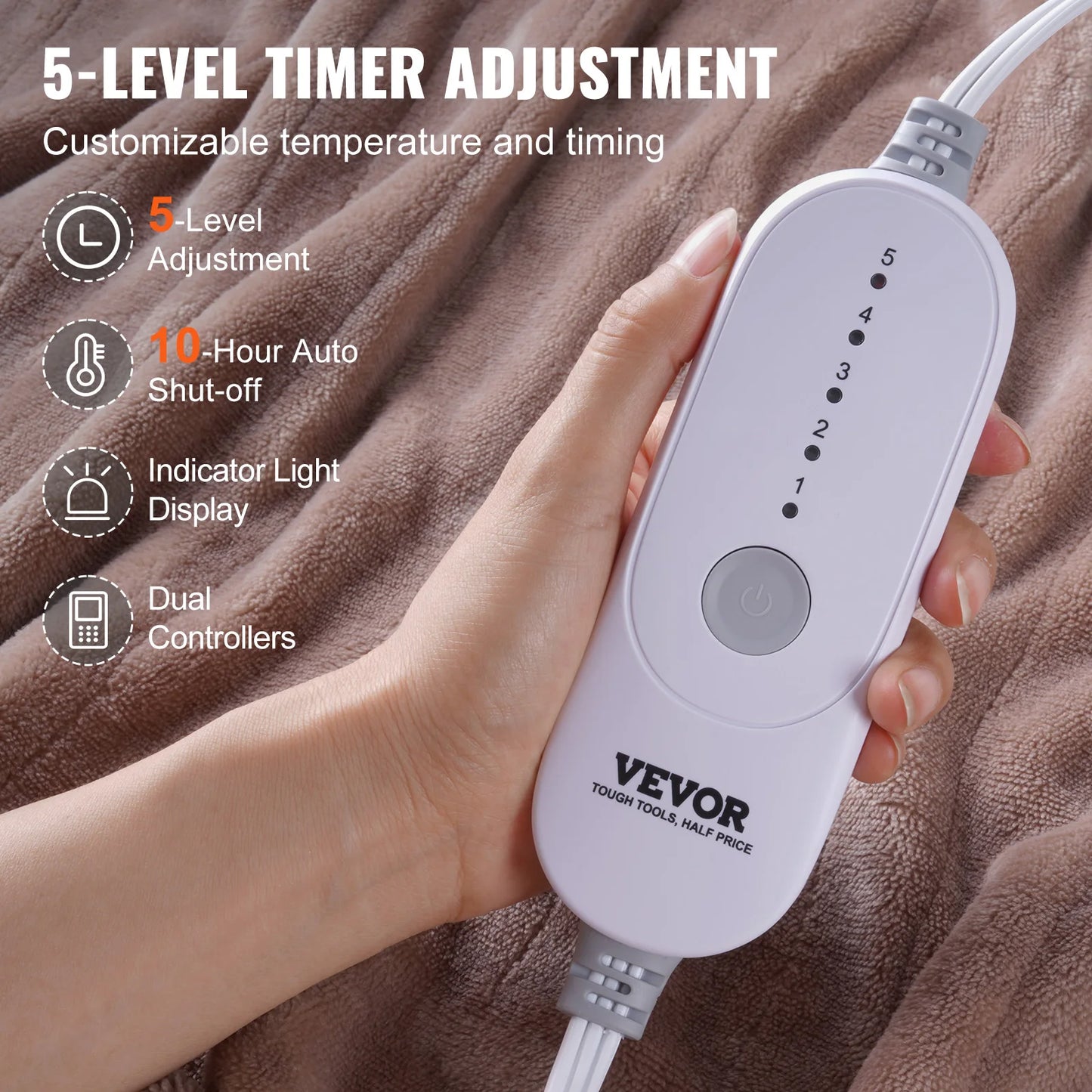 VEVOR Heated Blanket Electric Throw 100" x 90" King Size Soft Flannel Heating Blanket with 10H Timer Auto-off & 5 Heating Levels