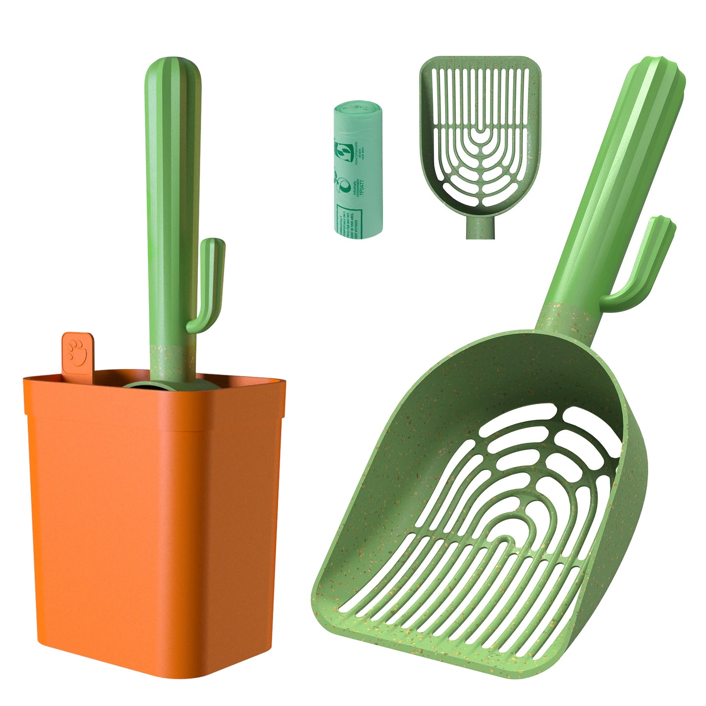 Cactus Cat Litter Scooper with Holder, 2 Replaceable Wheat Straw Plastic Shovels, Kitty Litter Scoop with Bag, Trash Bag Storage
