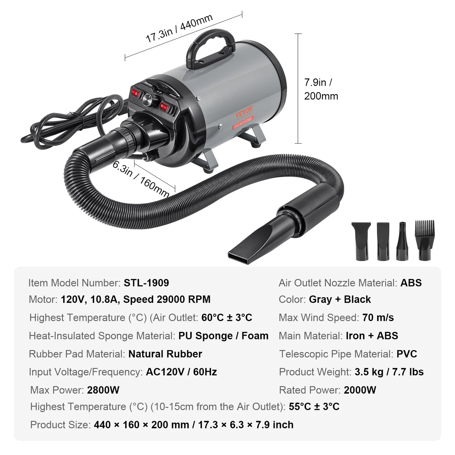 2000W/2.7HP Dog Blow Dryer Adjustable Speed Temperature Control with 4 Nozzle and Extendable Hose for Pet Hair Grooming