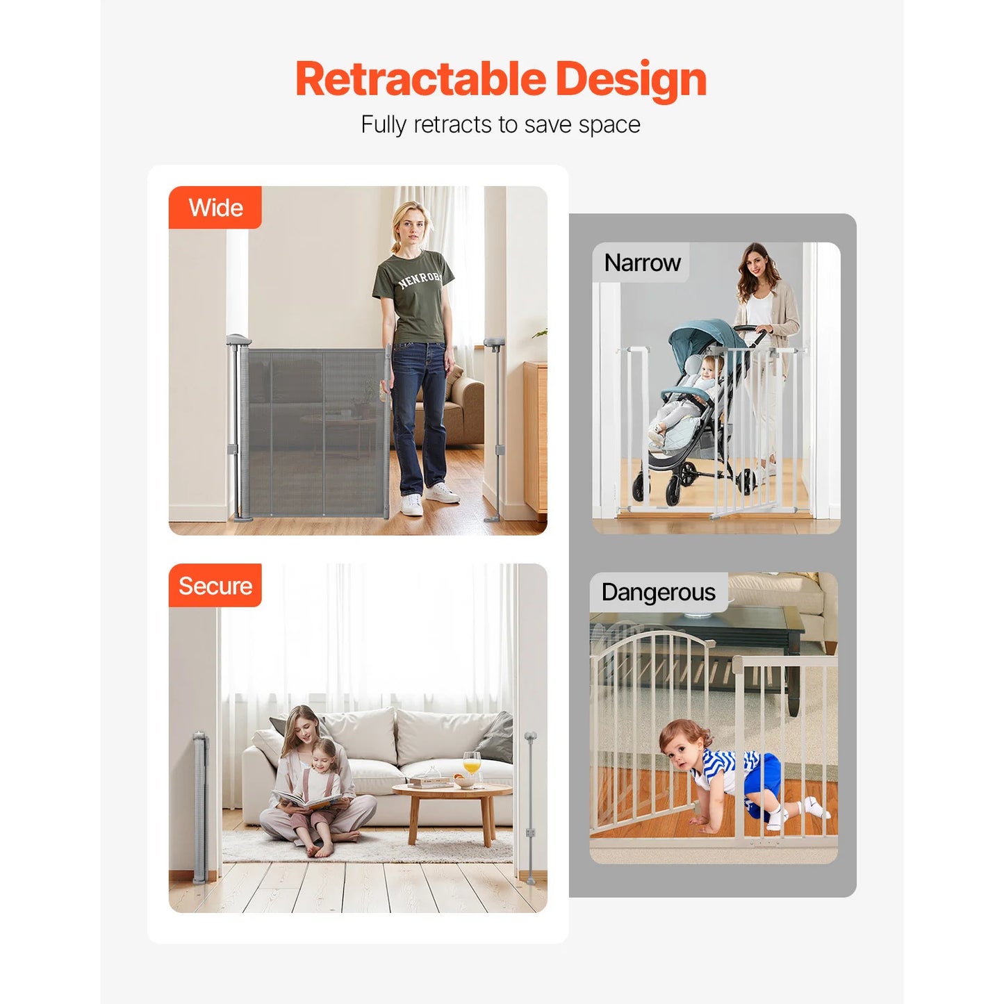 55/71/110in Retractable Baby Gate 34in Tall Extends Wide Retractable Gate for Kids Pets Mesh Material Easy to Install