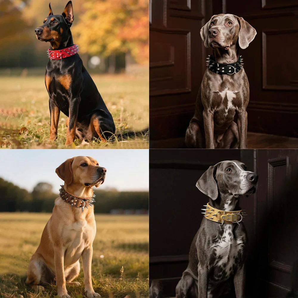Width 2 Inch Anti-bite Spiked Dog Collars Adjustable PU Leather Necklace Heavy Duty Sharp Rivets Pet Collar Outdoor Dog Walking