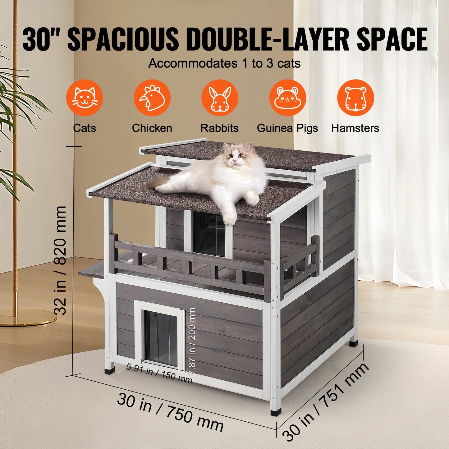 SucceBuy Outdoor Cat House Weatherproof  2-story Large Outdoor Wooden Cat House with Balcony Door and Open Roof Feral Cat Shelter