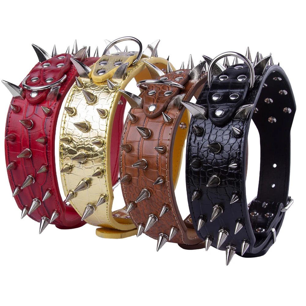 Width 2 Inch Anti-bite Spiked Dog Collars Adjustable PU Leather Necklace Heavy Duty Sharp Rivets Pet Collar Outdoor Dog Walking
