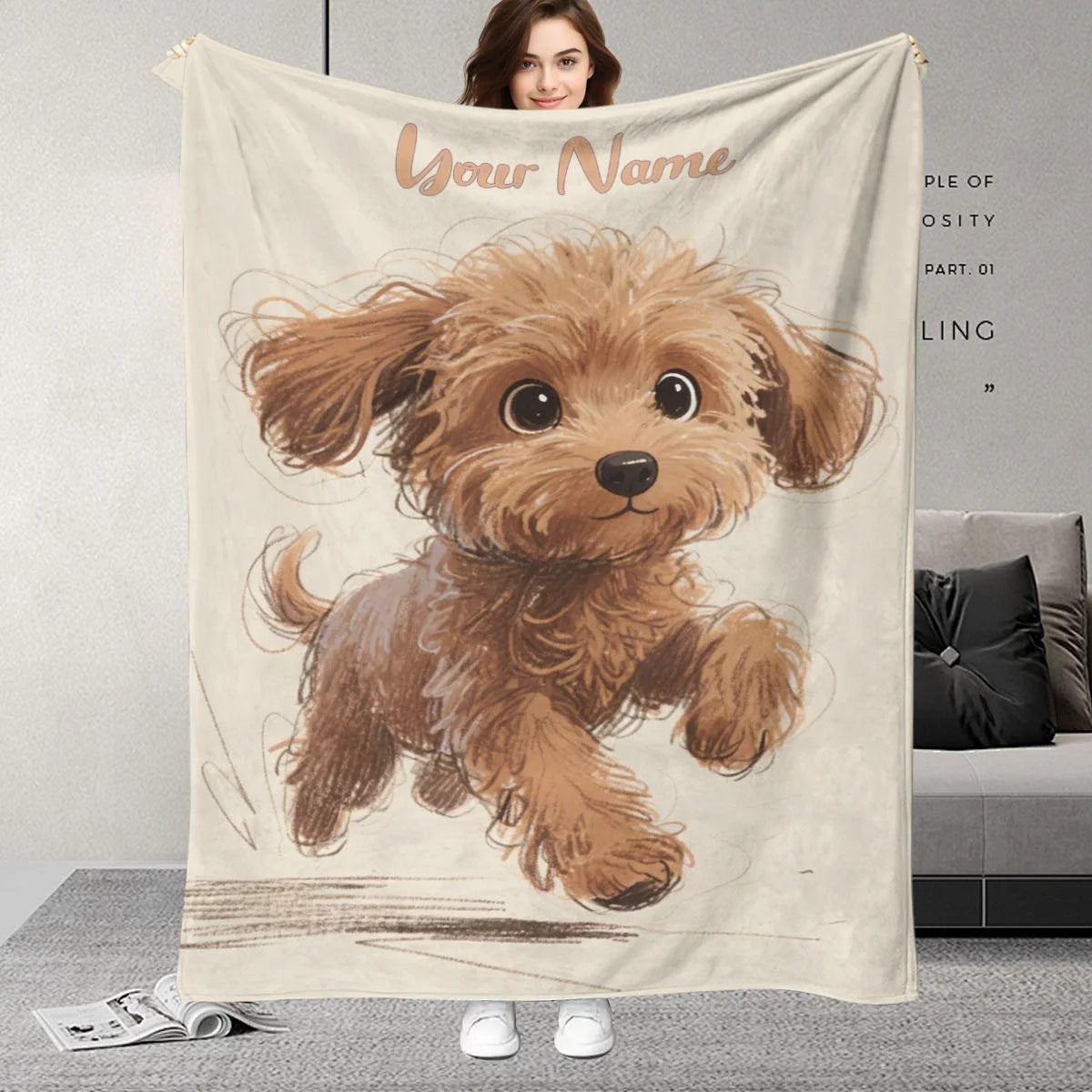 Custom Name with Playful Puppy Pattern Blanket, Adorable Brown Curly Haired Dog Design, Perfect Birthday Gift for Dog Lovers