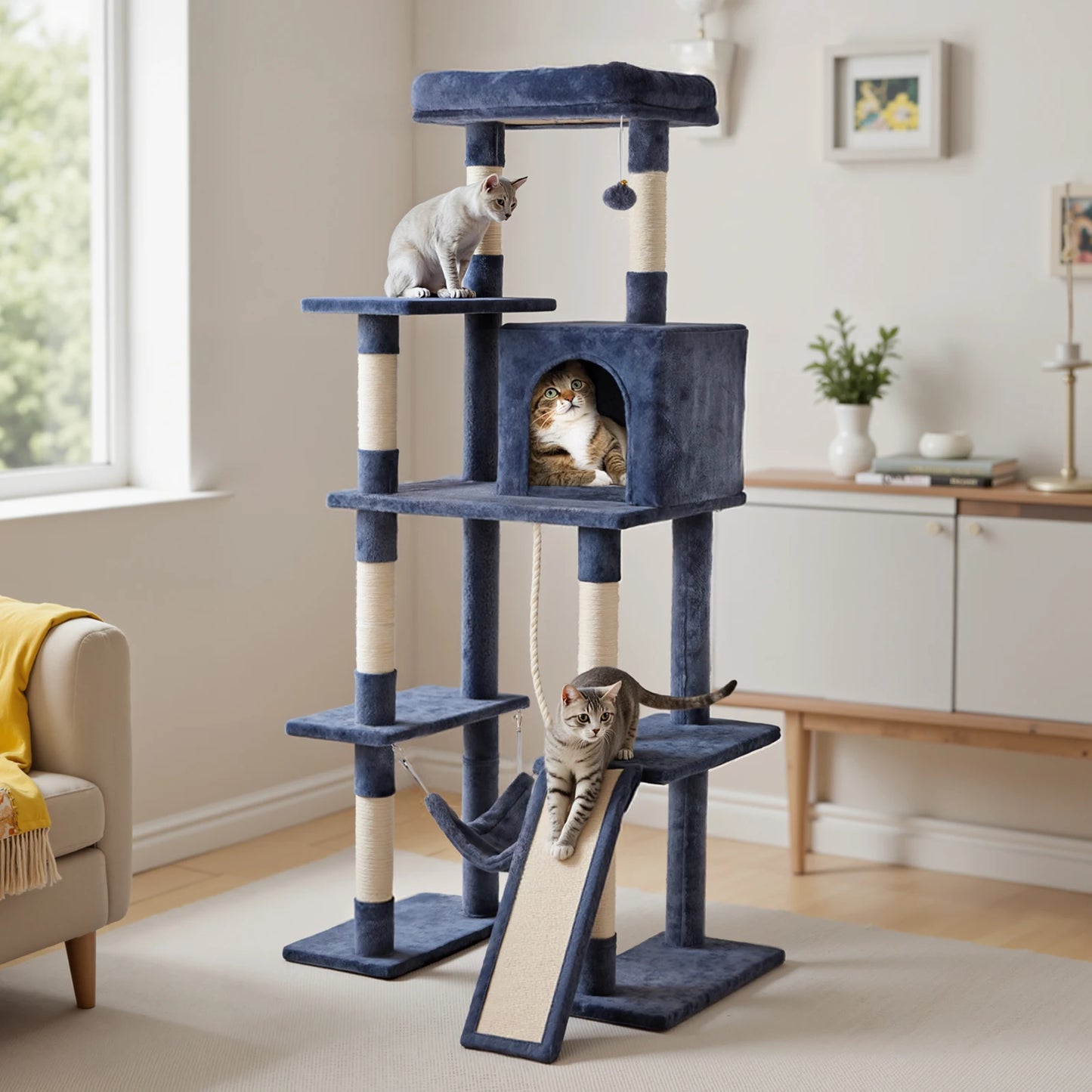 63In Cat Tree Tall Multi-Cat Climbing Tower for Pet Furniture Natural Sisal Scratching Posts Stable Pet House for Indoor Cat