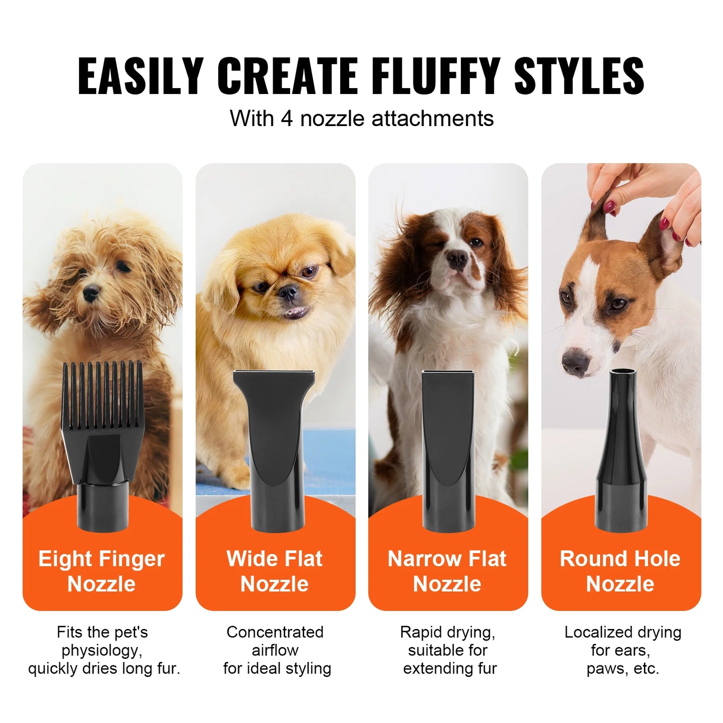 2000W/2.7HP Dog Blow Dryer Adjustable Speed Temperature Control with 4 Nozzle and Extendable Hose for Pet Hair Grooming
