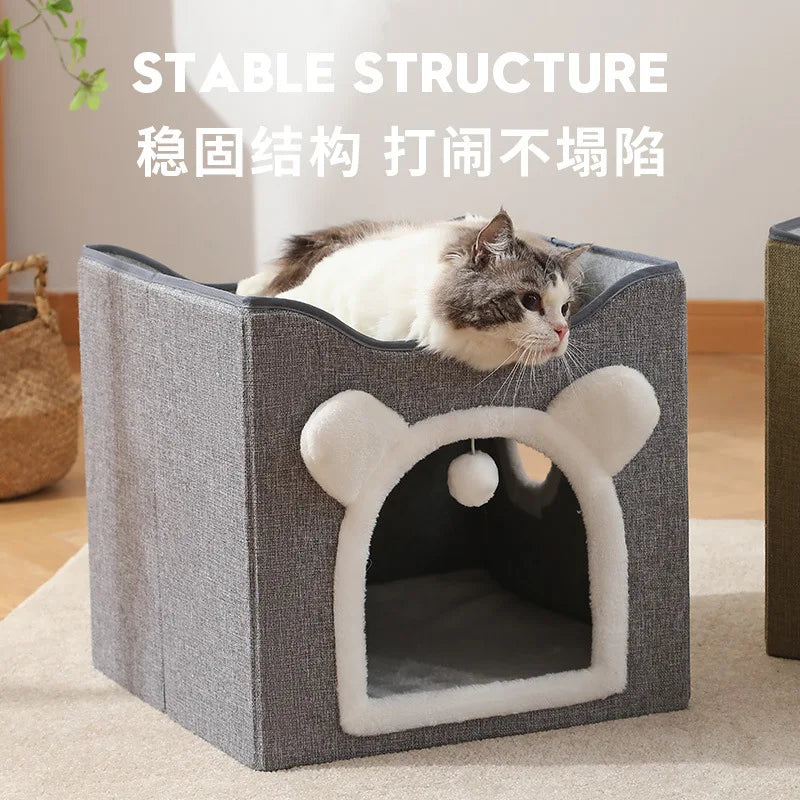 Semi-Enclosed Foldable Double-Door Triple-Layer Cat House with Multi-Functional Double-Sided Scratching Board for Cats