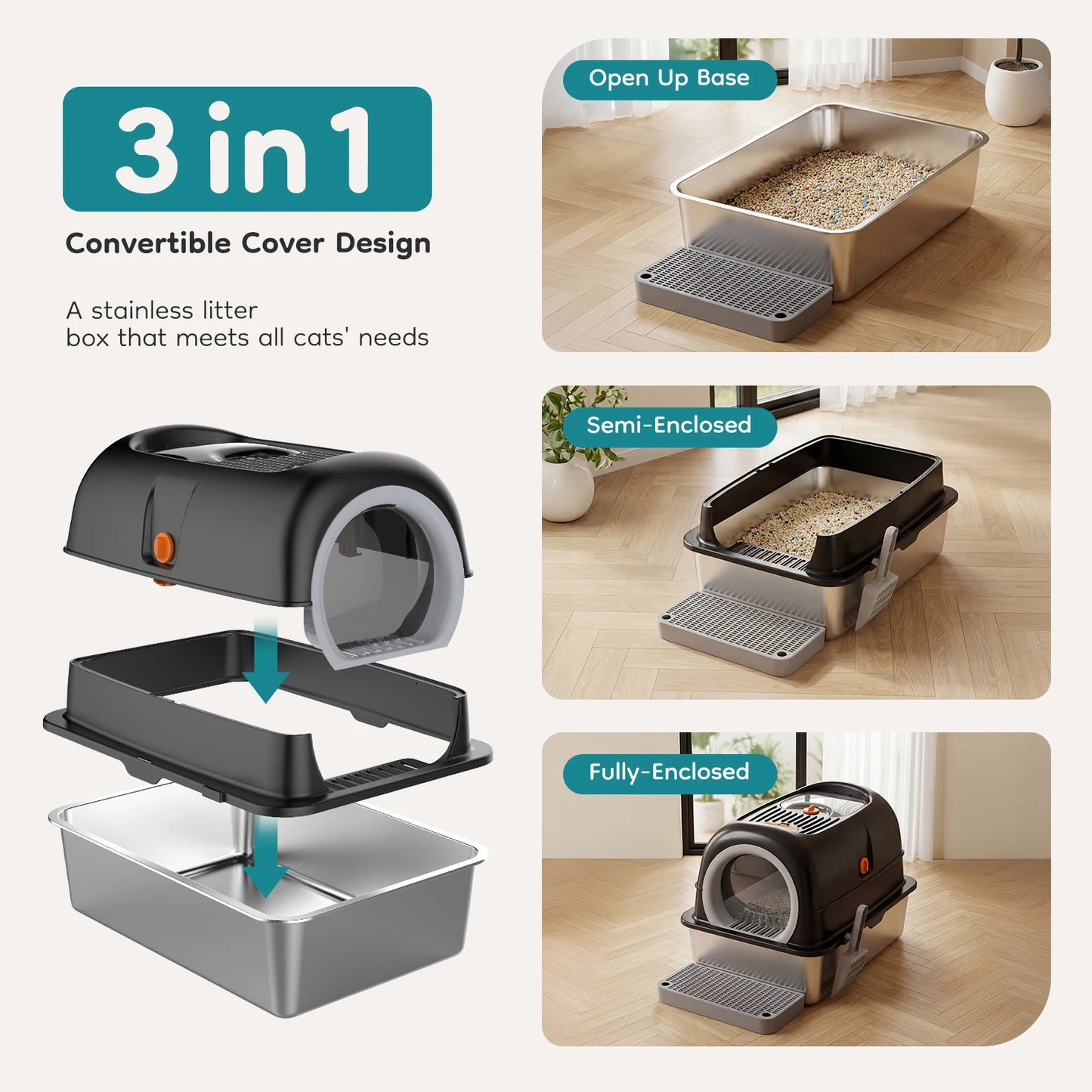 24IN Stainless Steel Cat Litter Box with Fully Enclosed 30L Large Cat Litter Box for Big Cats Cat Box Scoop and Mat Included