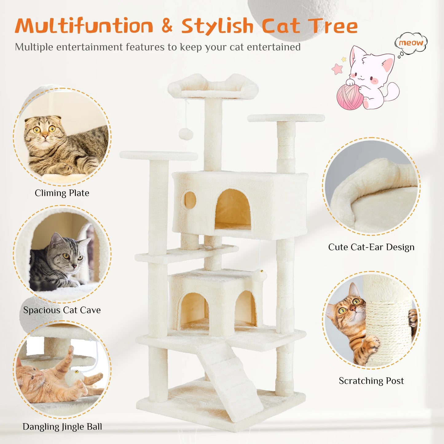 54in Tall Multi-Level Cat Tree Tower for Indoor Pet Furniture Stable Kitty Play House with Sisal Scratching Post for Home