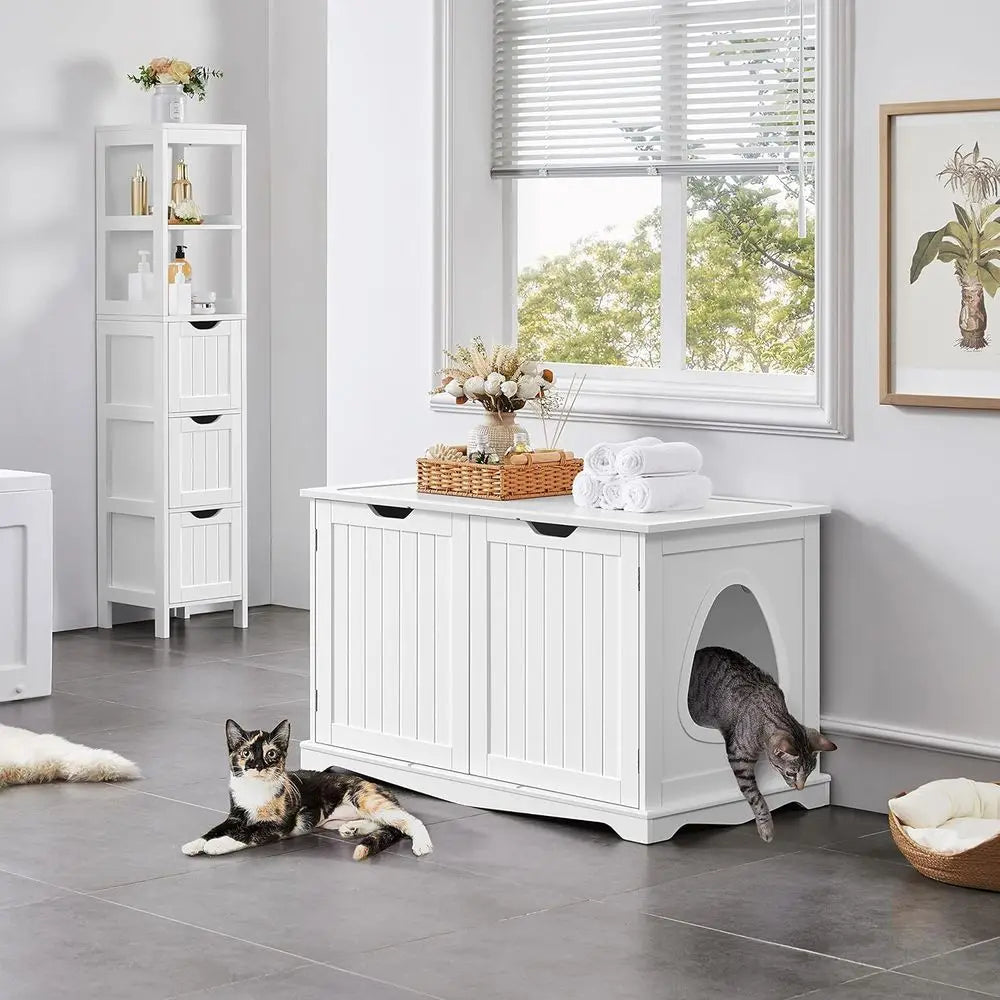 Cat Litter Box Enclosure, Box Cabinet Hidden, Wooden Pet Crate Kitty Washroom Storage Bench with Divider Home Litter Loo Indoor