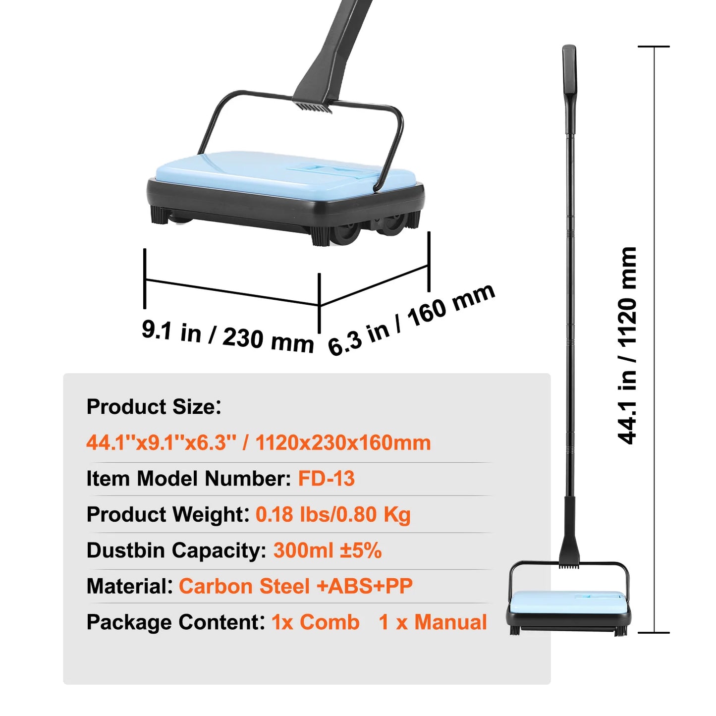 Carpet Sweeper Manual Floor Sweeper w/ 300ml Dustbin Capacity 6.7 in Cleaning Width for Home Office Carpets Pet Hair Dust