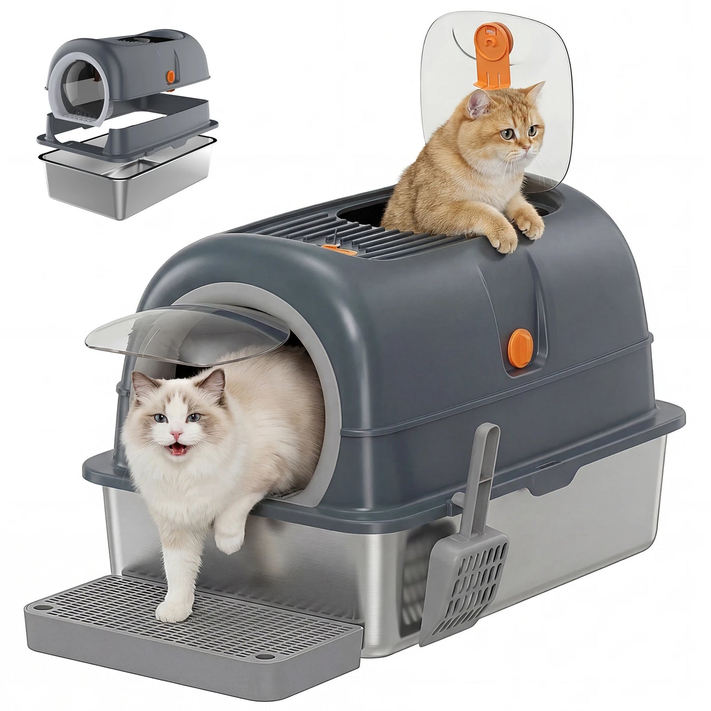24IN Stainless Steel Cat Litter Box with Fully Enclosed 30L Large Cat Litter Box for Big Cats Cat Box Scoop and Mat Included