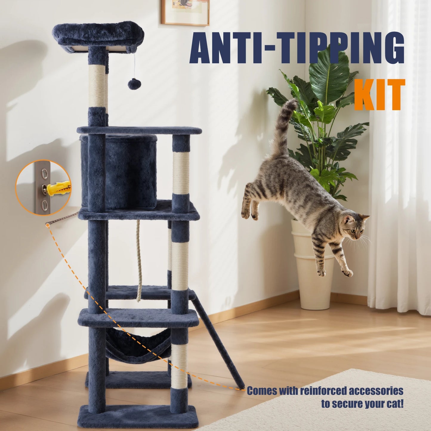 63In Cat Tree Tall Multi-Cat Climbing Tower for Pet Furniture Natural Sisal Scratching Posts Stable Pet House for Indoor Cat