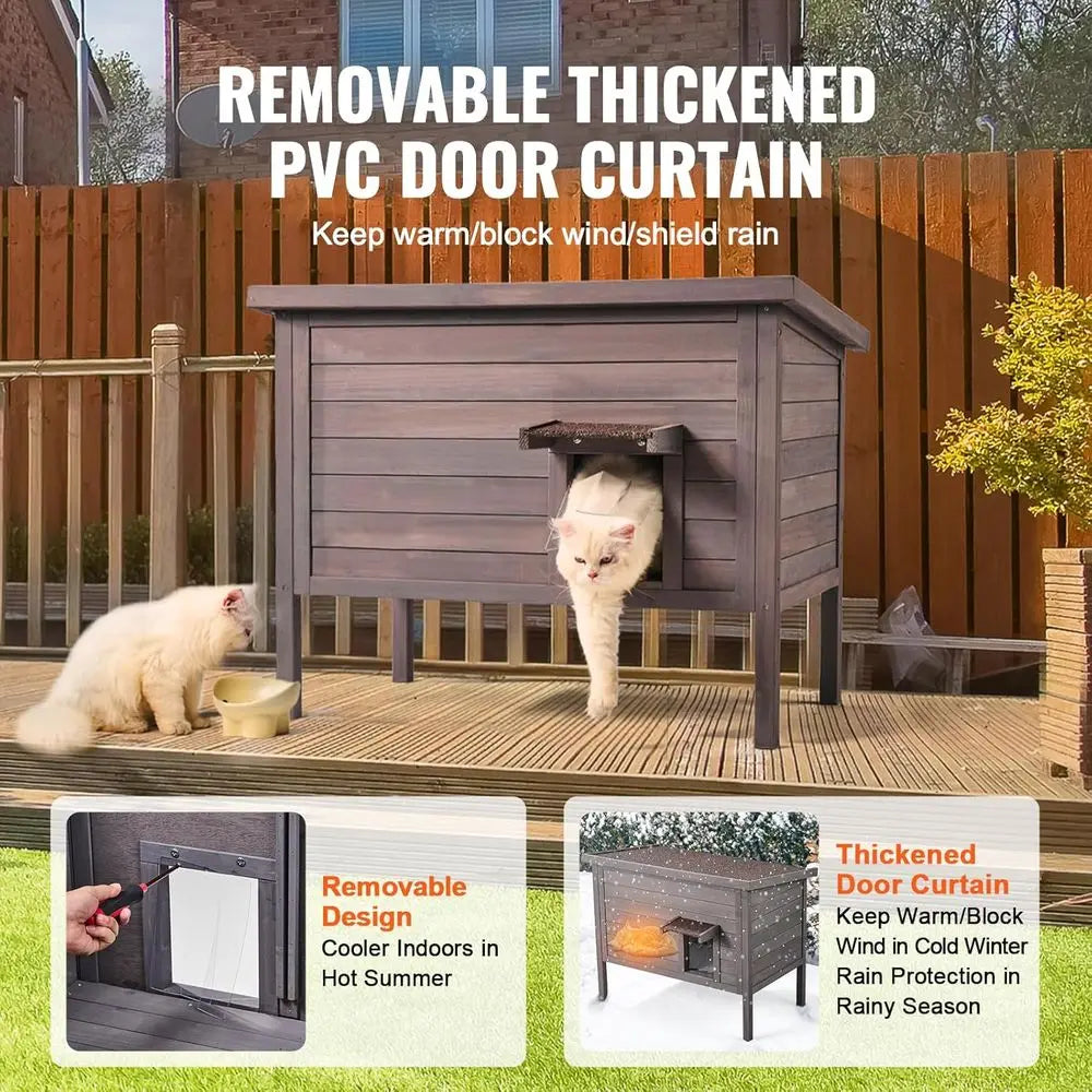 All-Weather Insulated Outdoor Wooden Cat House for Multiple Pets, Open Roof, PVC Door Flaps, 34L x 22W x 27H