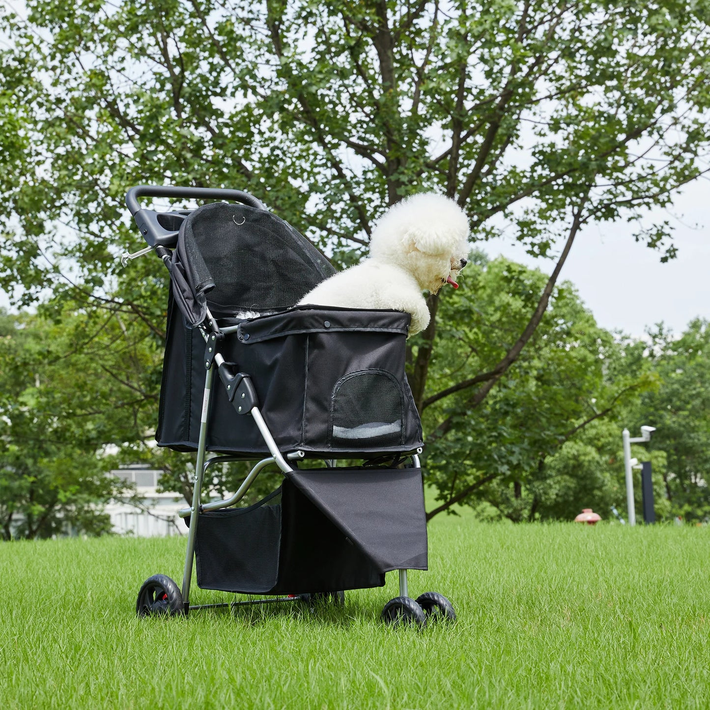 3 Wheels Foldable Pet Stroller for Small Dogs and Cats Stroller with Mesh Windows Storage Basket Cup Holder for Outdoor Use
