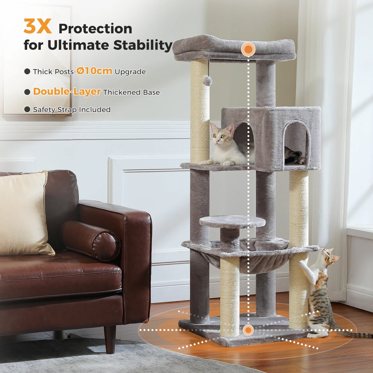 Large Cat Tree with Thick Scratching Posts Large Condo Hammock Heavy Duty Cat Tower for Big Adult Cats Plush Cat Furniture Toys