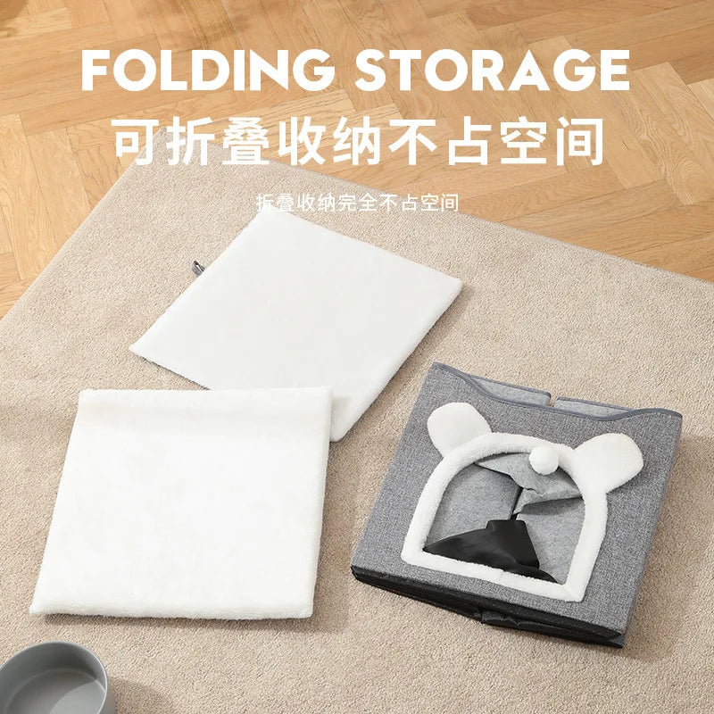 Semi-Enclosed Foldable Double-Door Triple-Layer Cat House with Multi-Functional Double-Sided Scratching Board for Cats