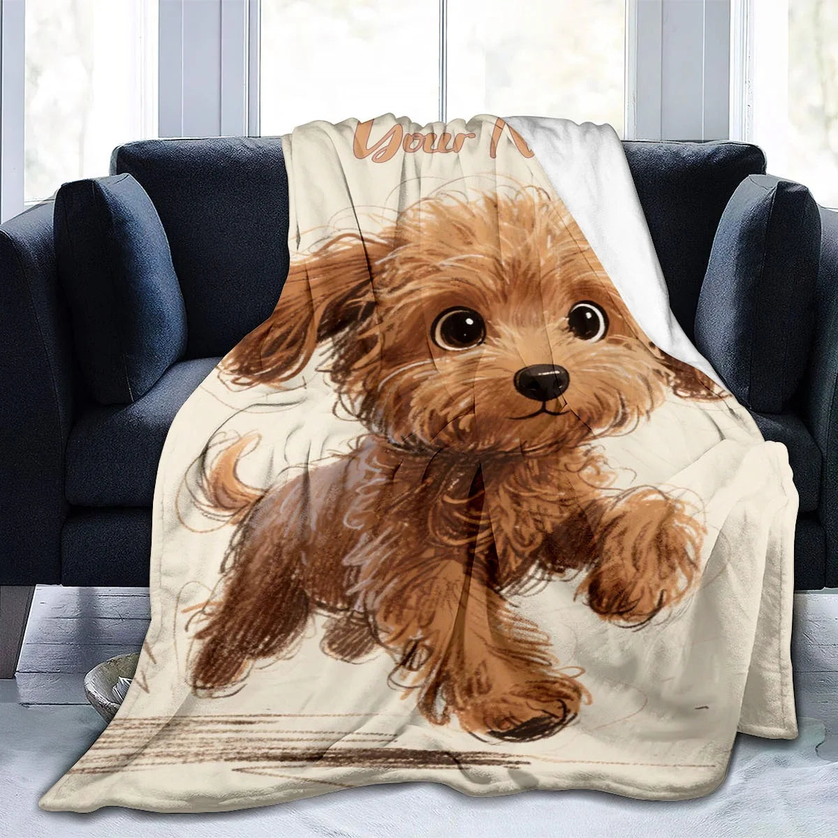 Custom Name with Playful Puppy Pattern Blanket, Adorable Brown Curly Haired Dog Design, Perfect Birthday Gift for Dog Lovers