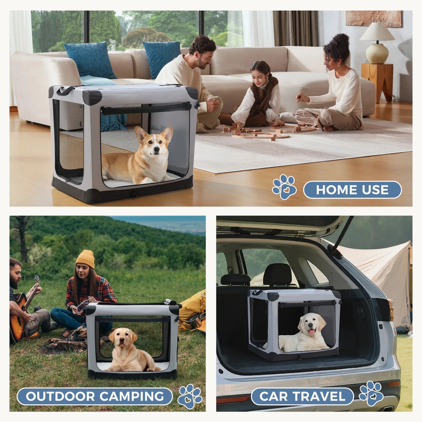 600D Oxford Fabric Foldable Soft Dog Crate Portable Pet Kennel with 3 Doors Use for Small to Extra Large Dogs Indoor