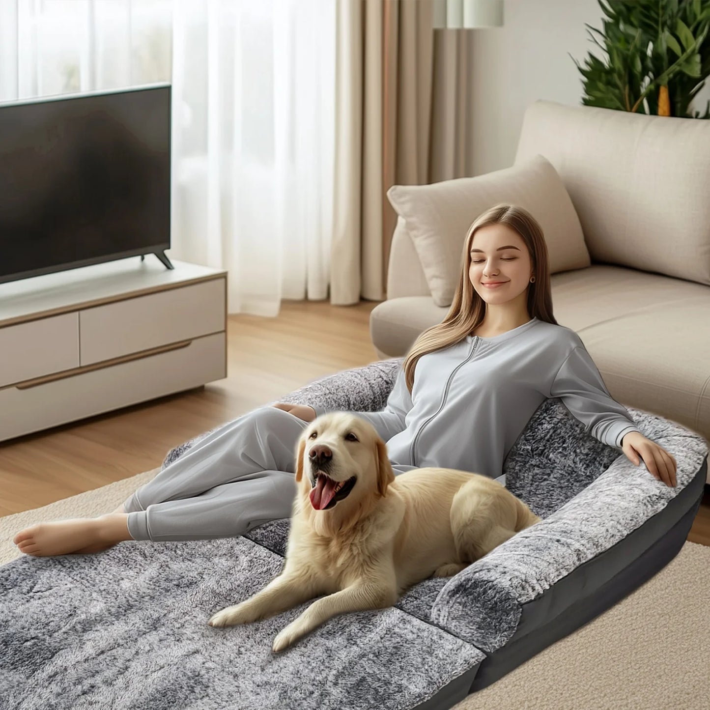 180cm Long Human Dog Bed Fits Adults and Pets Foldable Orthopedic Pet Bed Plush Cushion Cover with Bolster
